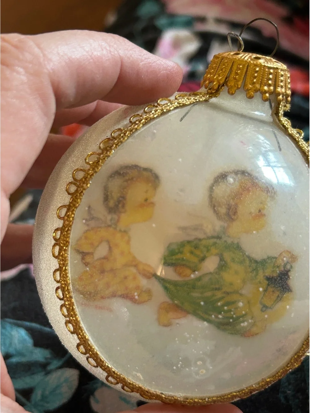 Vintage Hand-Painted Glass Christmas Ornament with Children Motif
